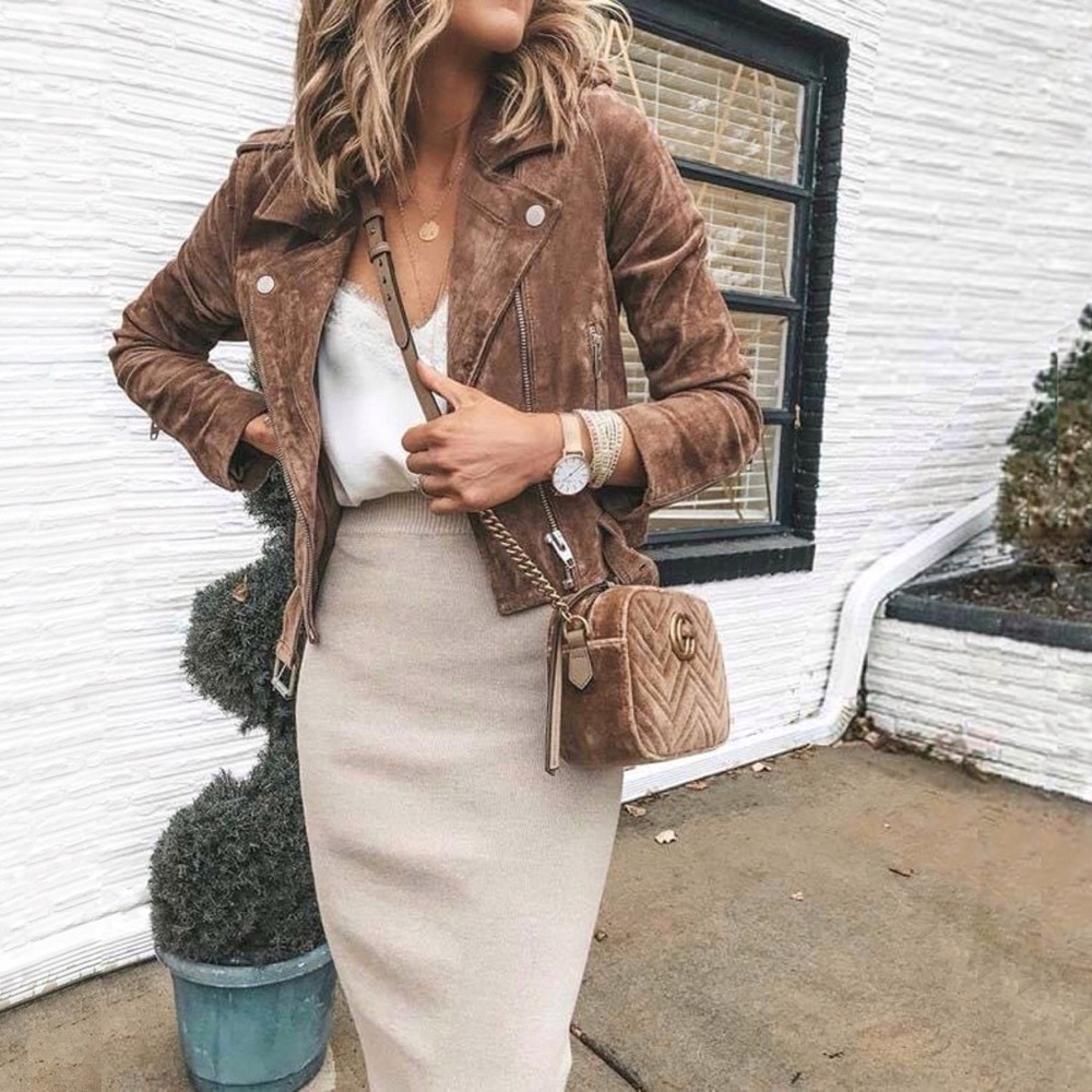blanknyc genuine suede moto biker jacket in french taupe brown, size xl